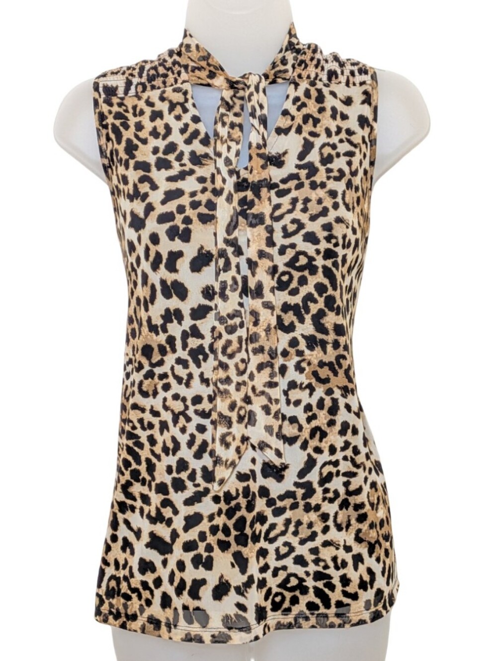 A Love Story | Leopard Print Tie Neck Sleeveless Tank Top | Mesh | Shabby Chic |